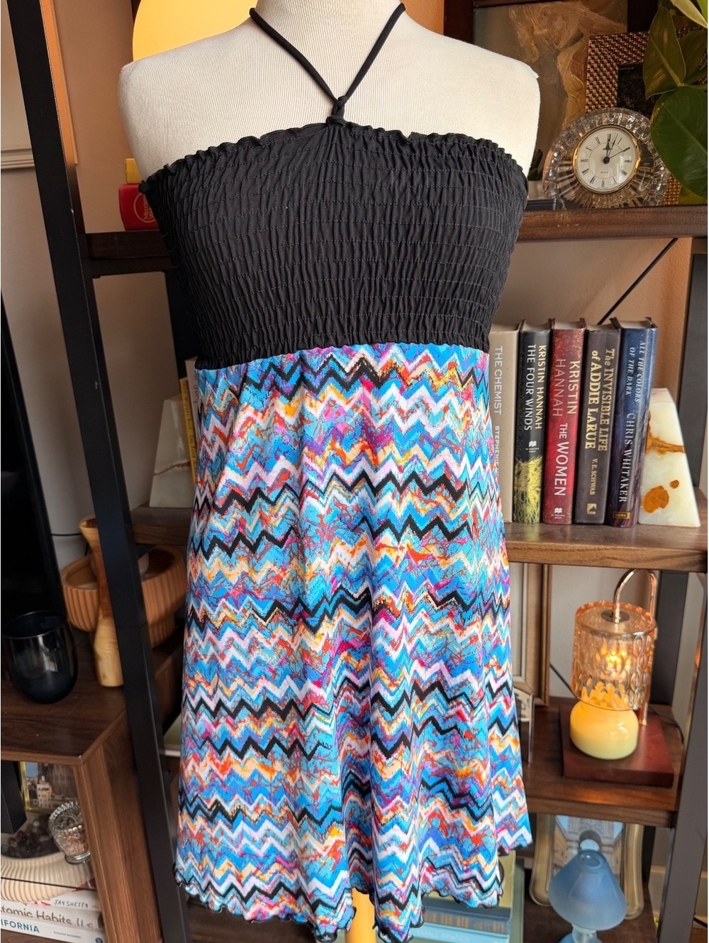 Y2K APT. 9 Women's Halter Smocked Top with Colorful Chevron Skirt Dress, Size M